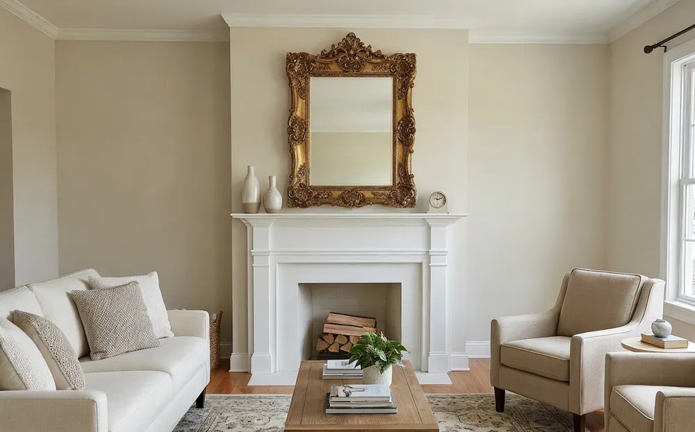 Ornate mirror used in property staging above fireplace mantel