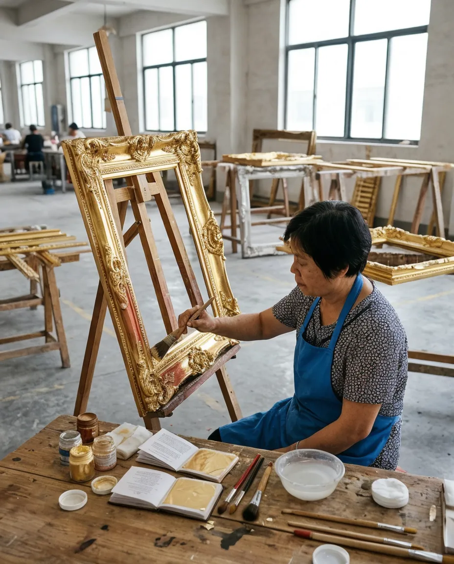 Artisan hand-finishing ornate resin mirror frame with gold leaf application