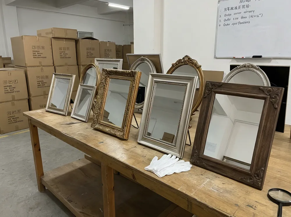Frame decor mirror samples arranged for buyer evaluation showing finish quality and ornate detail