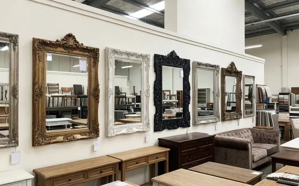Frame decor mirrors displayed in wholesale furniture showroom