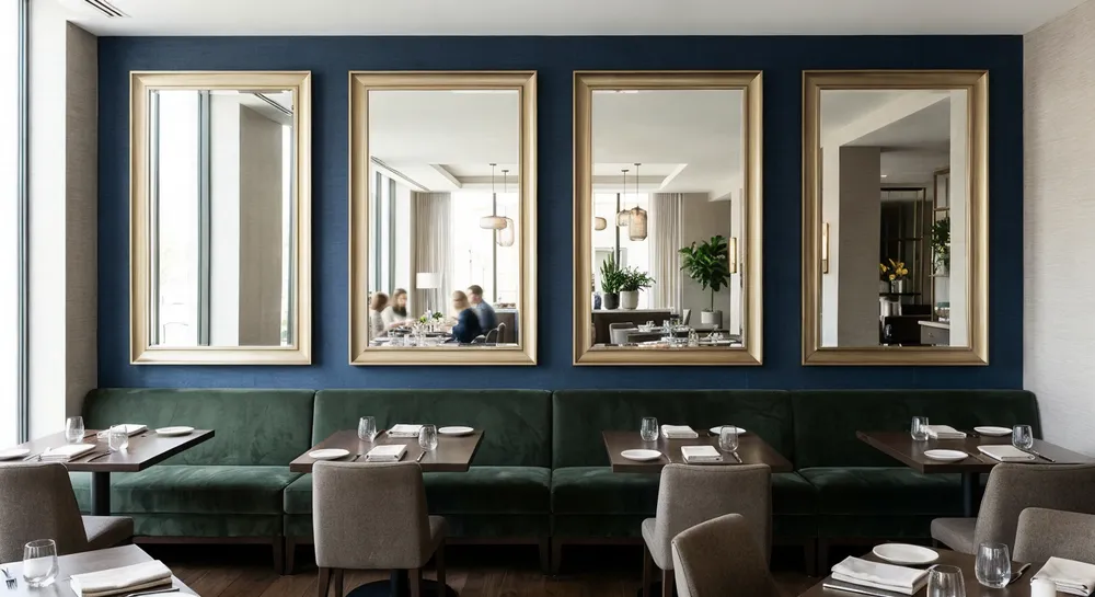 Antique gold mirrors in boutique hotel and restaurant interior design