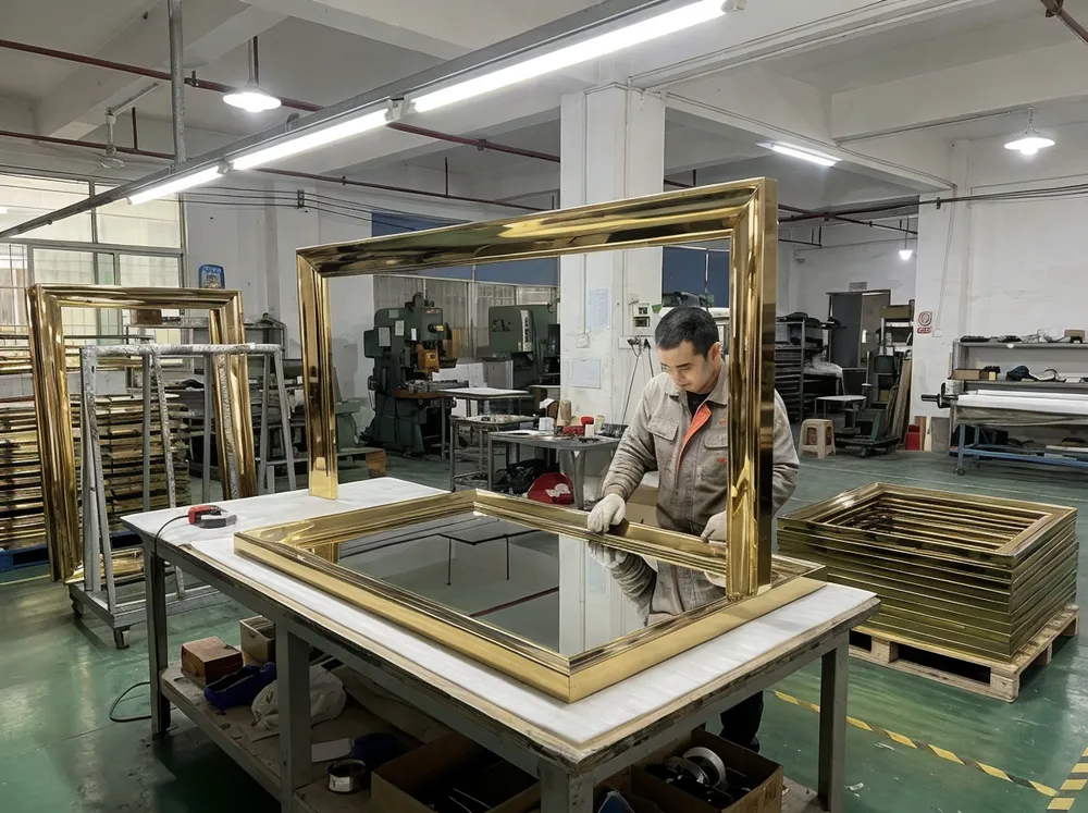 Electroplated gold mirror frame with high-shine reflective finish