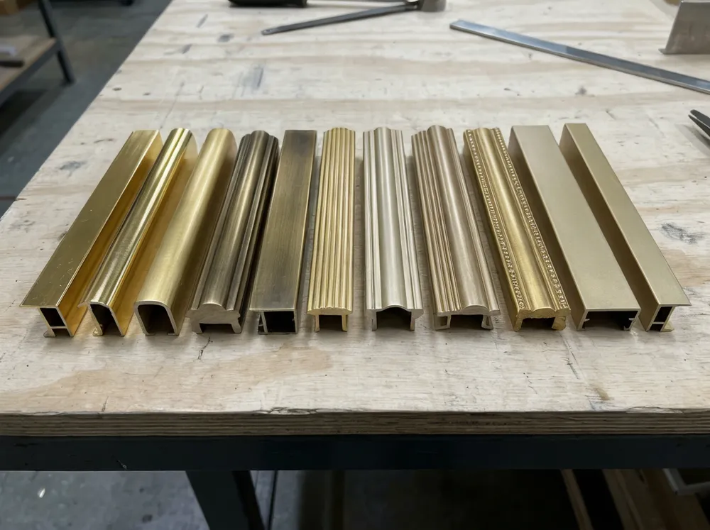 Gold finish customization samples showing various gold tones and frame profiles