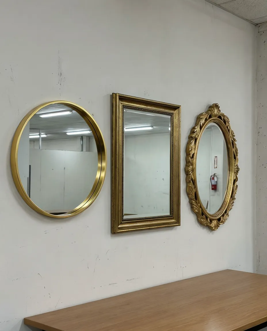 Collection of gold decor mirrors showing electroplated, antique, and resin-gilded finishes