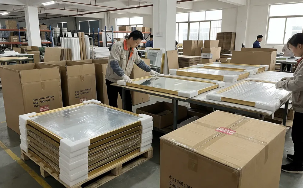 Gold mirror packaging with PE foam corners and protective film