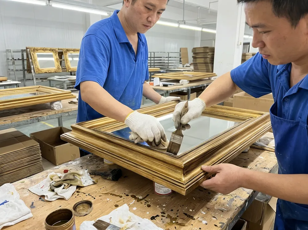 Hand-applied metallic paint gold mirror frame with brushed antiqued finish