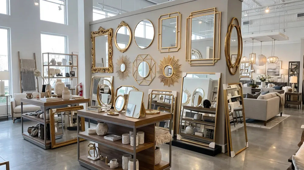Gold frame mirrors displayed in premium home decor retail environment