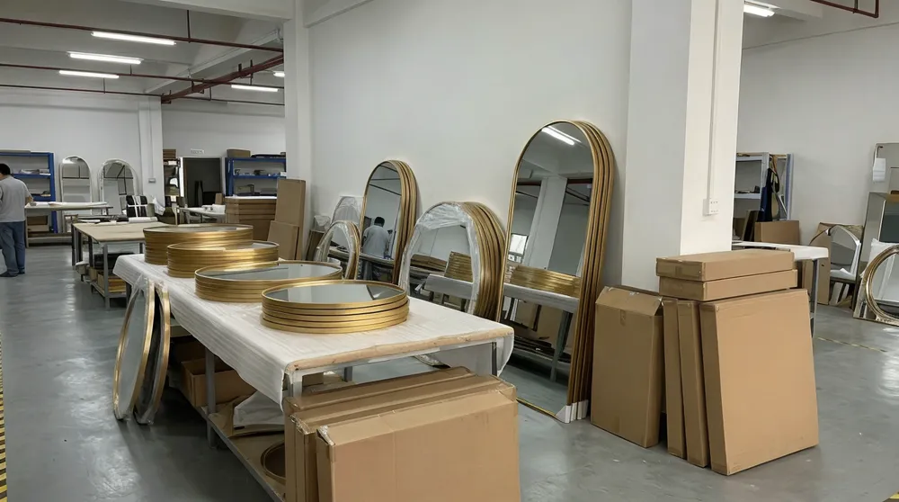 Round and arch gold mirrors used in property staging and model home design