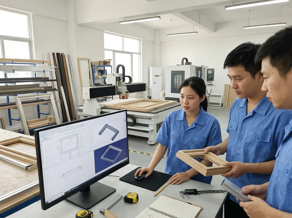 OEM/ODM engineering team developing custom mirror frame profiles with CAD/CAM and CNC equipment