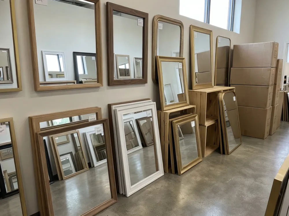 Home decor retail and e-commerce mirror display with wood and gold-finish frames