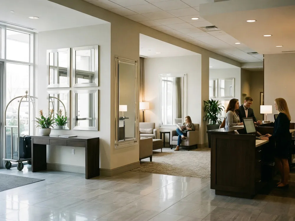 Hotel lobby with metal and acrylic frame mirrors for commercial interiors