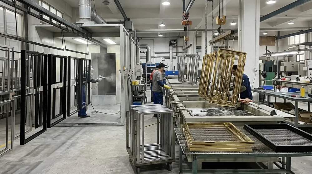 Steel and aluminum frame finishing with powder coating and electroplating