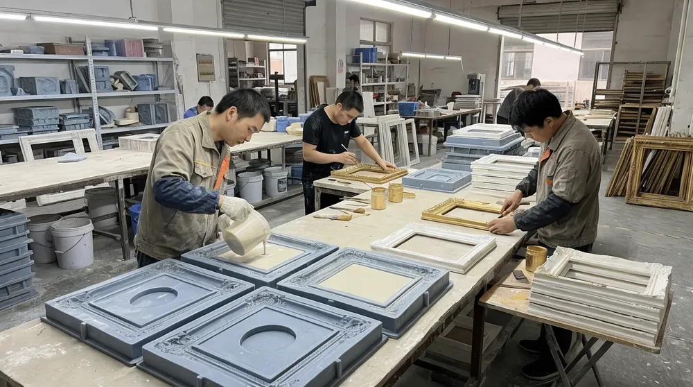 Resin frame casting from silicone molds with hand-trimming and gilding