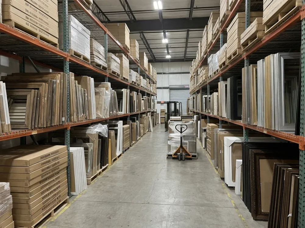 Wholesale distribution warehouse with diverse mirror frame inventory