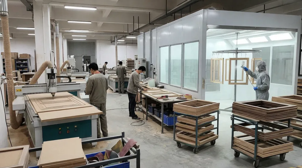Wood and MDF frame production line with CNC routers and spray booth