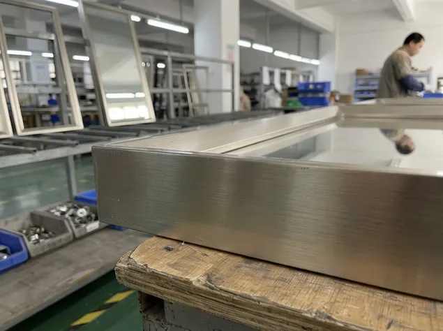 Brushed nickel finish mirror frame with warm matte texture