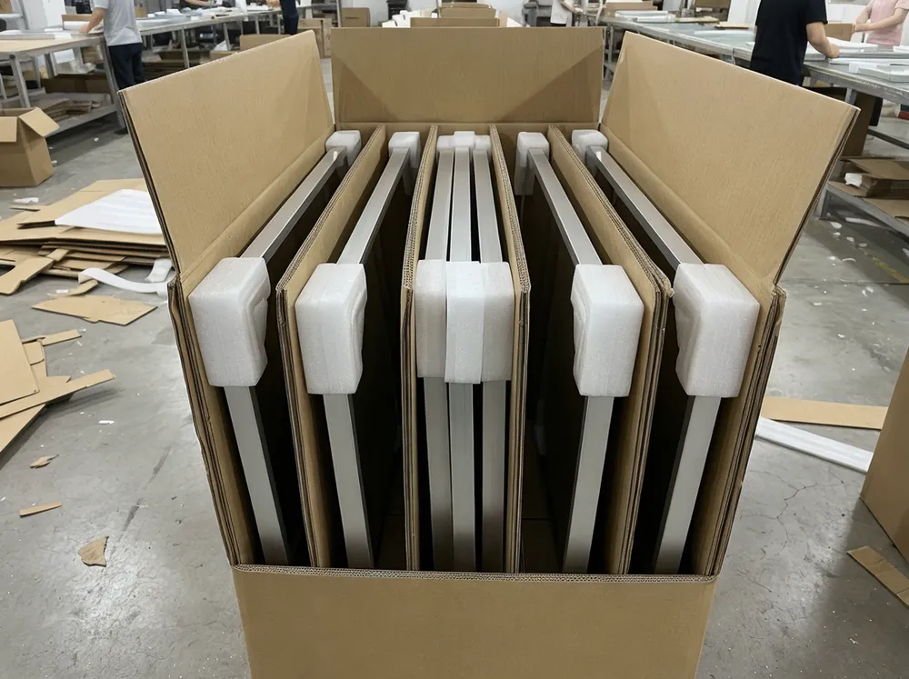 Silver-frame mirrors packed vertically with foam corner protectors and cardboard dividers