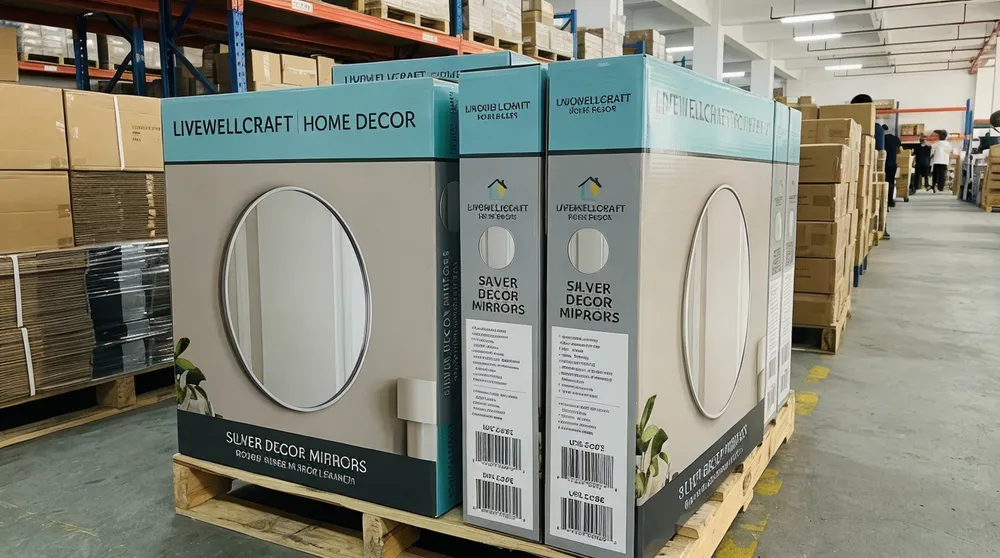 Full-color branded retail packaging for silver-frame mirrors with UPC codes