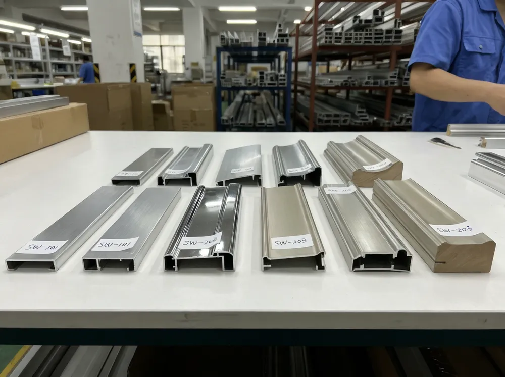 Silver mirror frame profile samples showing customization range