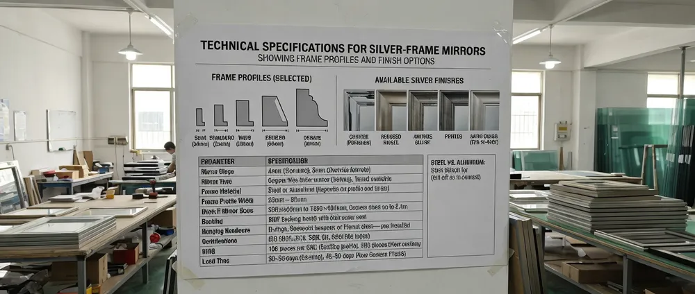 Silver frame mirror technical specifications showing frame profiles and finish options