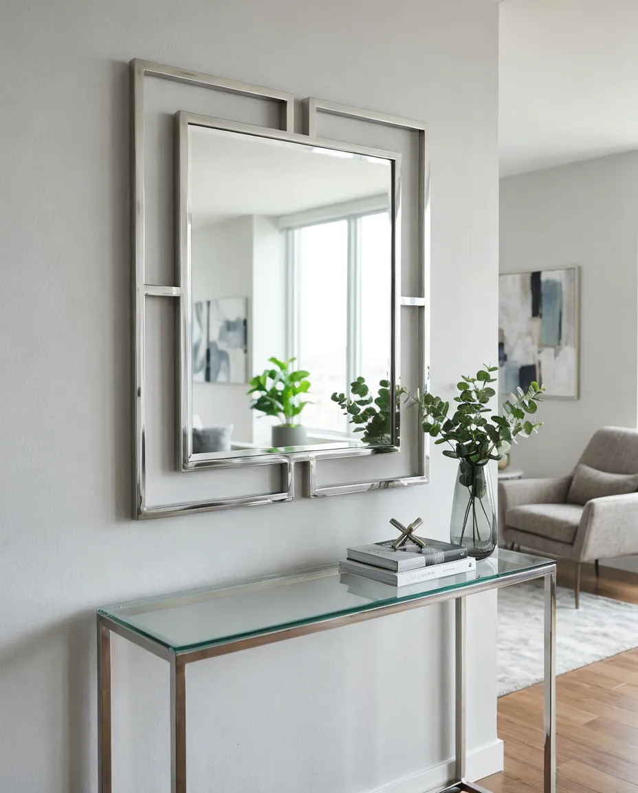 Silver decor mirror with chrome finish in modern interior setting