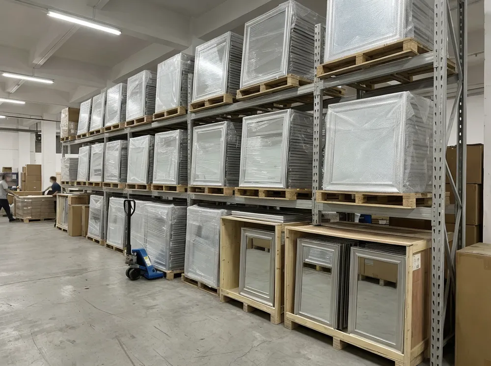 Silver-frame mirrors in warehouse showing consistent year-round inventory