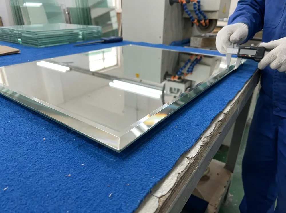Close-up of beveled mirror edge showing precision grinding finish