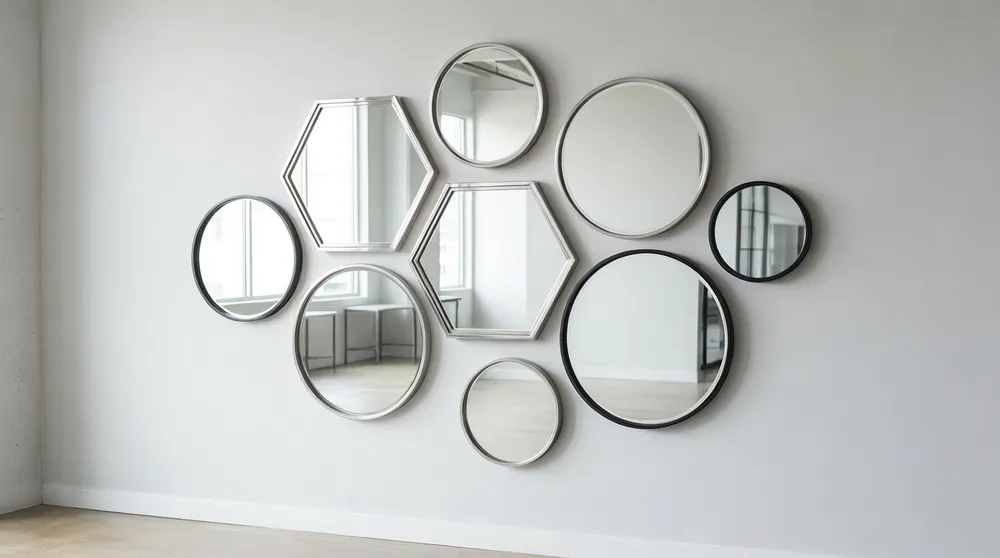 Curated gallery wall mirror set with hexagonal and round shapes arranged on wall