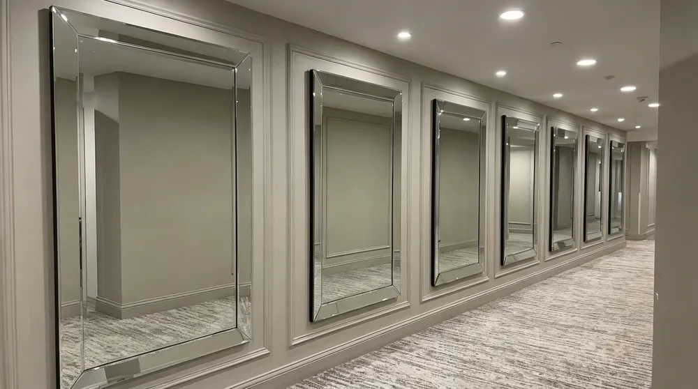 Beveled-edge rectangular mirrors installed in hotel lobby corridor