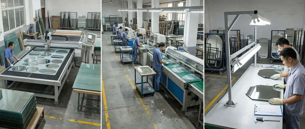 Wall decor mirror production line showing glass cutting, edge treatment, and quality inspection stations