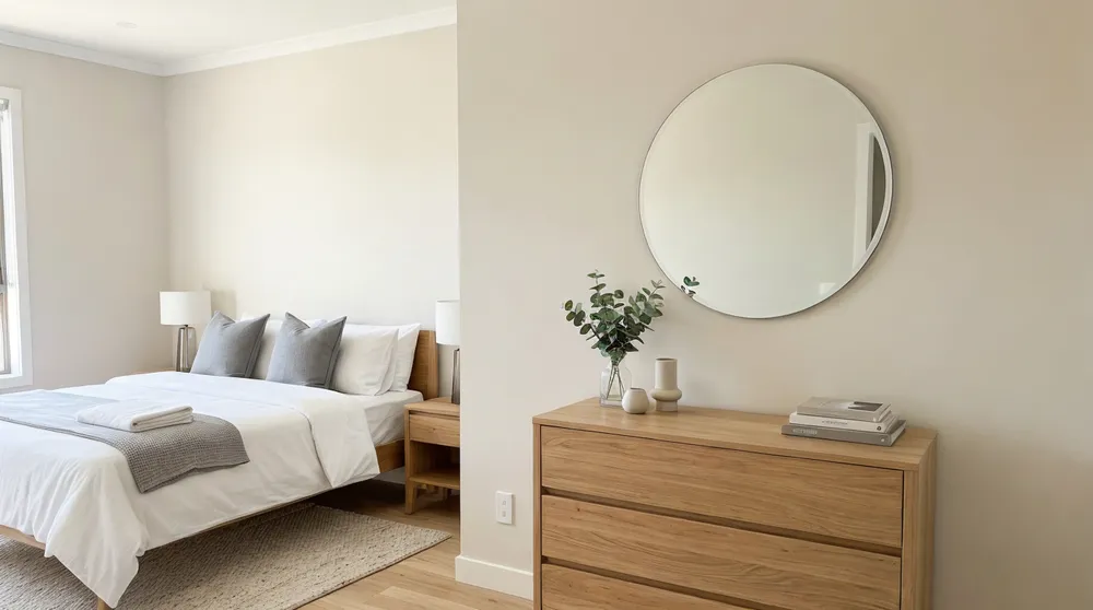 Frameless round mirror installed in staged rental property bedroom