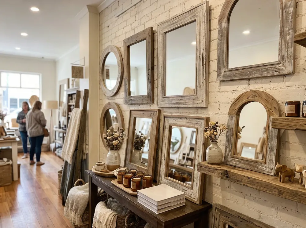 Distressed wood mirrors in boutique specialty store