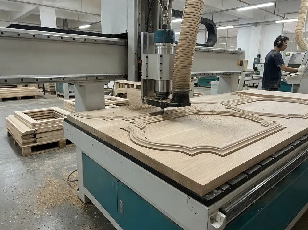 CNC router cutting wood mirror frame profiles with precision tooling