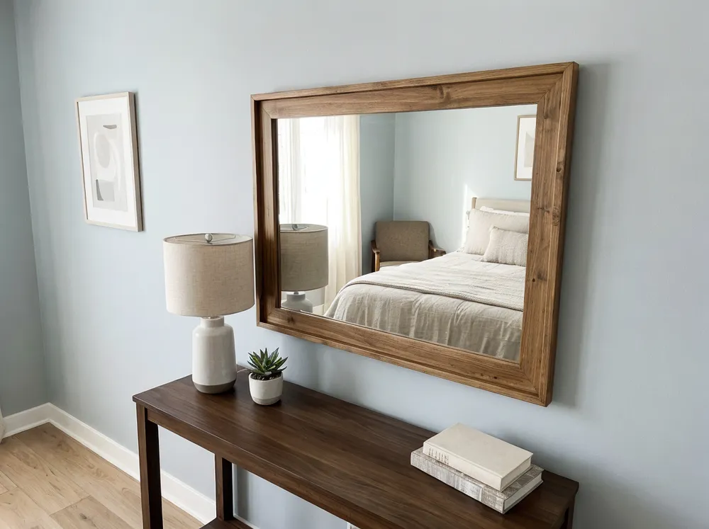 Wood framed mirror in boutique hotel guest room interior