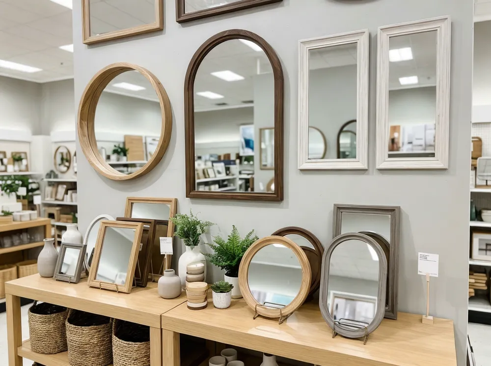 Wood framed mirrors displayed in retail home decor setting
