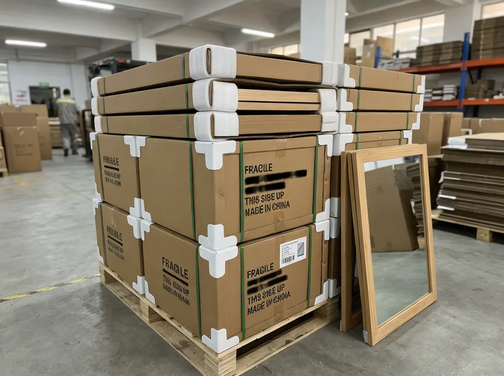 Wood mirrors packed in corrugated cartons with corner protectors for export