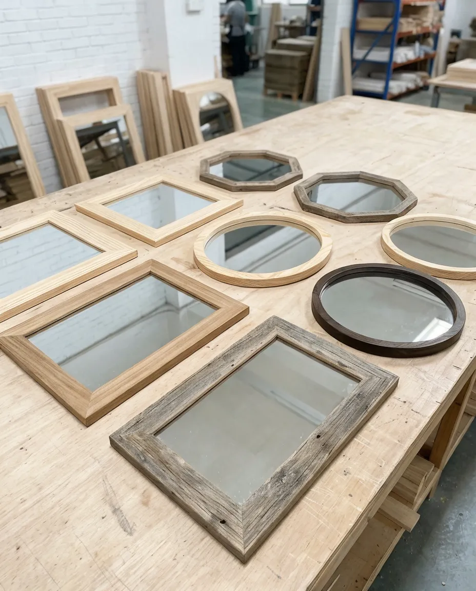 Collection of premium wood-framed decorative mirrors featuring pine, paulownia, and reclaimed-look frames