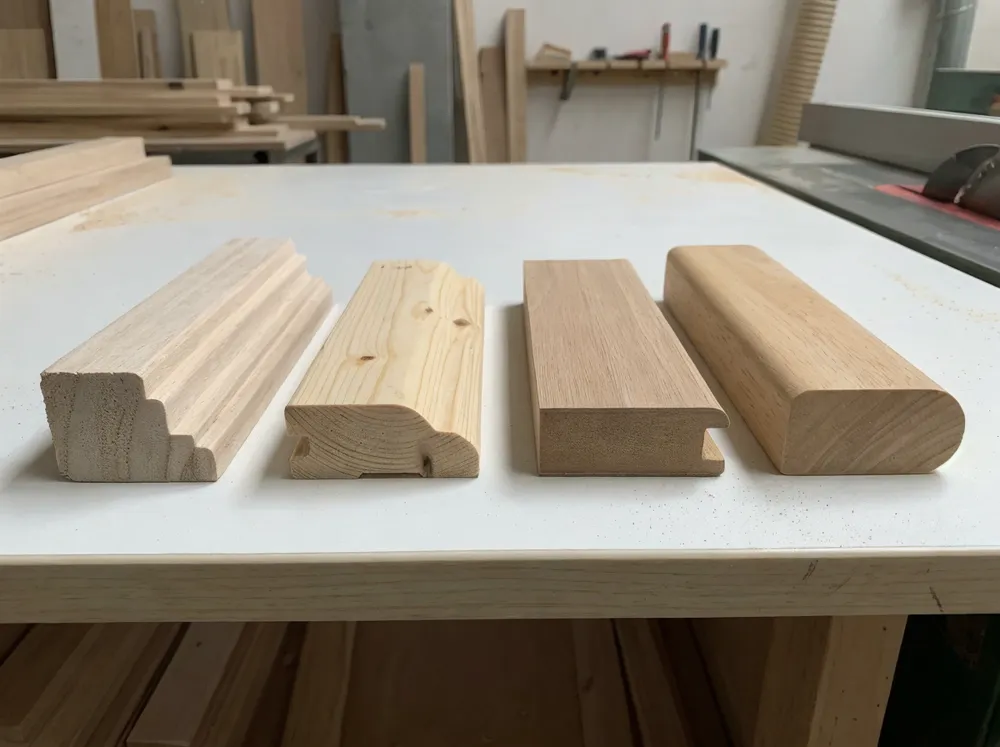Wood frame samples showing paulownia, pine, MDF veneer, and rubberwood profiles