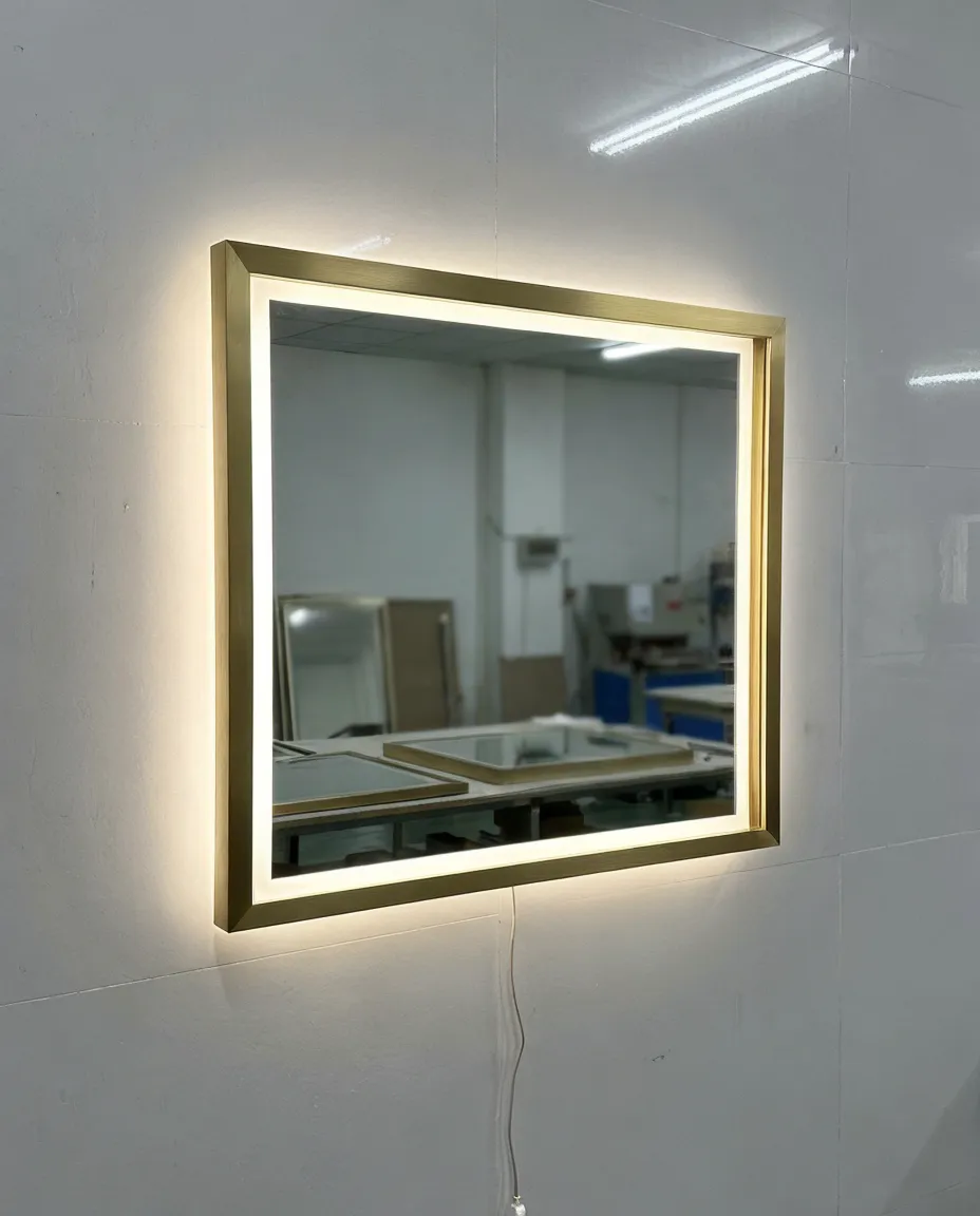 Custom bathroom mirror with gold frame finish and LED backlight integration