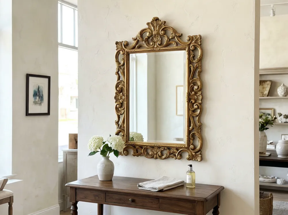 Designer bathroom mirror with ornate frame in boutique setting