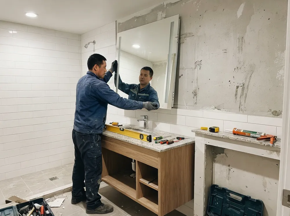 Hotel bathroom mirror installation during renovation project