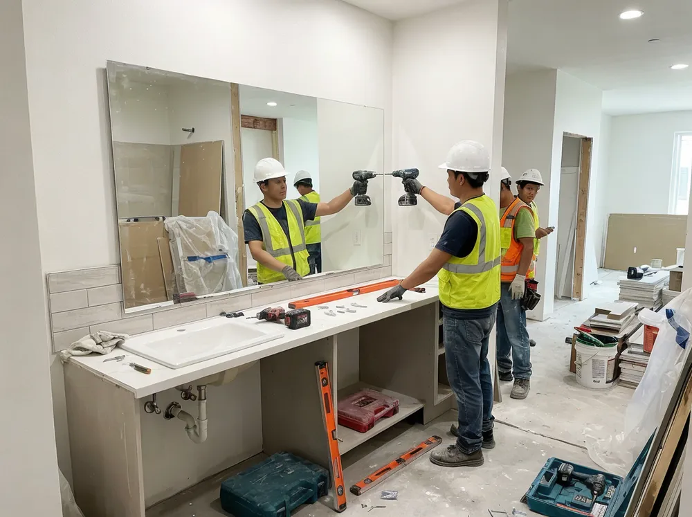 Bathroom mirror installation in multi-unit residential construction