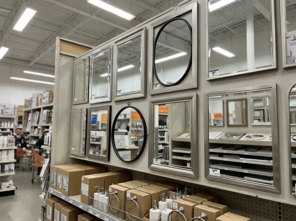 Bathroom mirrors displayed in retail home improvement setting