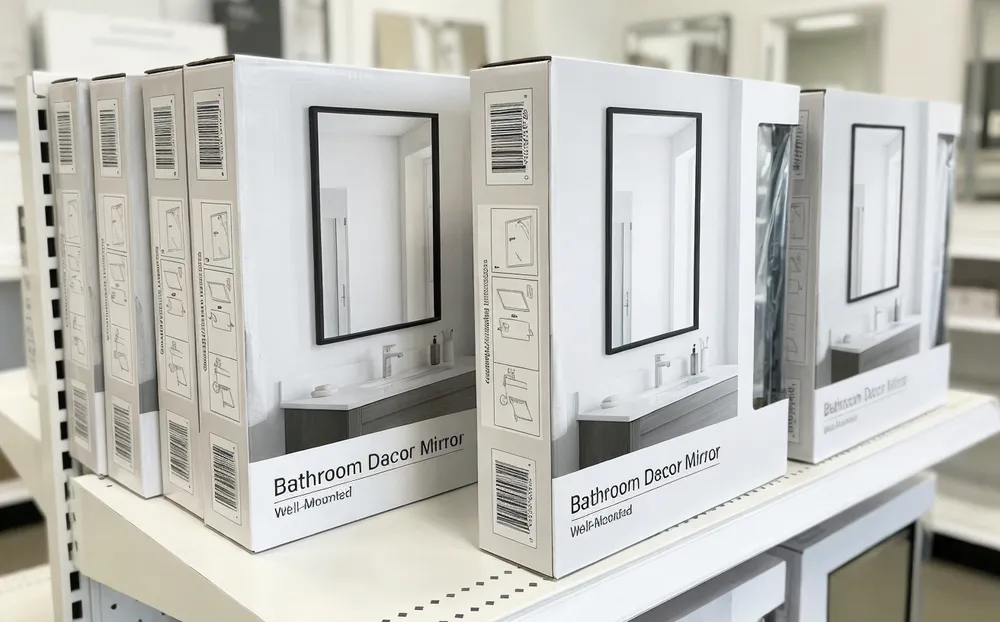 Retail shelf-ready mirror packaging with product photography and UPC barcode