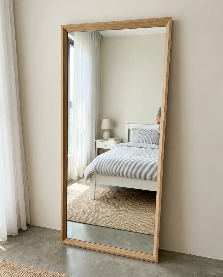 Full-length bedroom decor mirror with clean-line MDF frame in modern bedroom setting