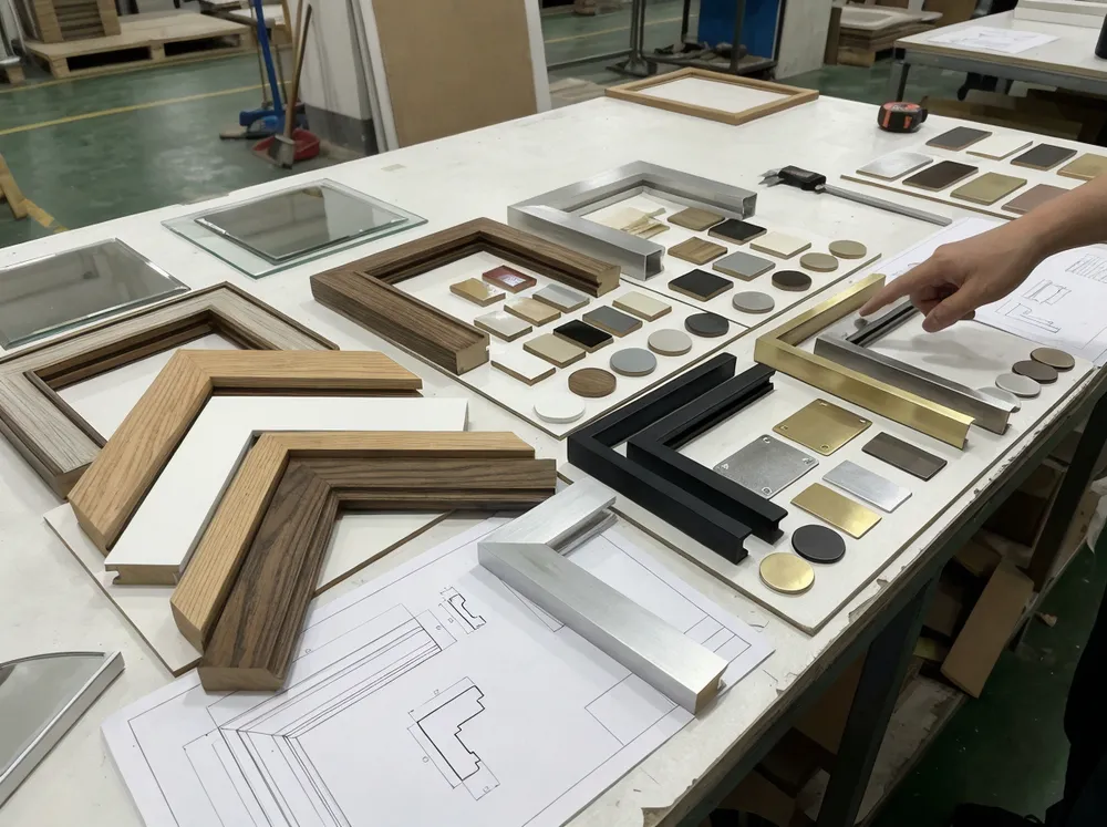 Custom bedroom mirror development process showing frame samples and finish options