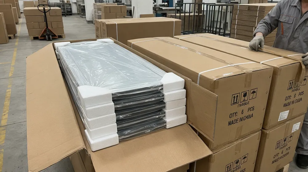 Dresser mirror multi-unit master carton packaging with poly-bag wrap and foam corners