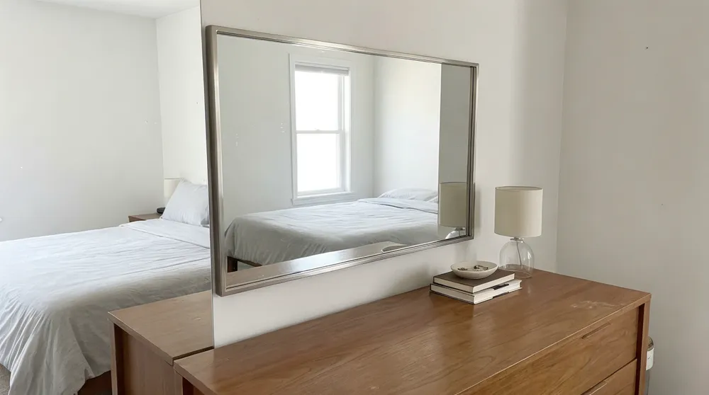 Dresser-top bedroom mirror with thin metal frame mounted above furniture