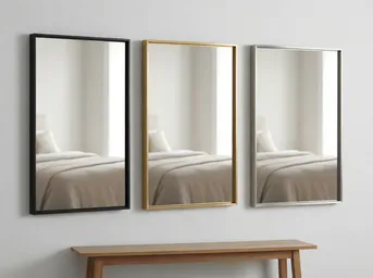 Thin metal frame bedroom mirrors in black, gold, and brushed nickel finishes