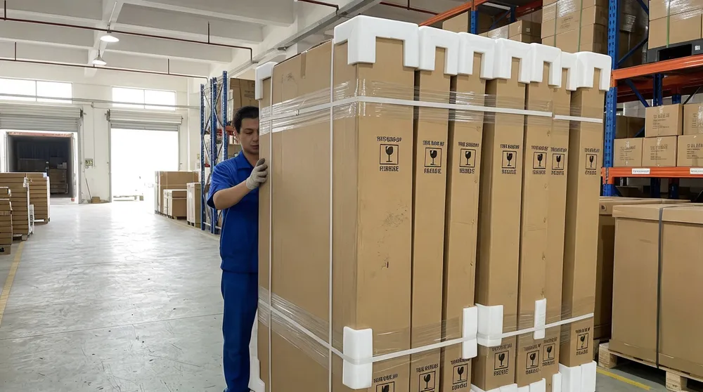 Full-length bedroom mirror packaging with foam corner protectors and vertical carton orientation